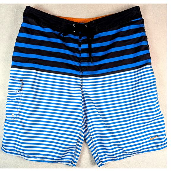Nike Board Shorts Men's Blue Black White Stripe Swim Trunks Size 36 Beach Surf - Picture 1 of 7